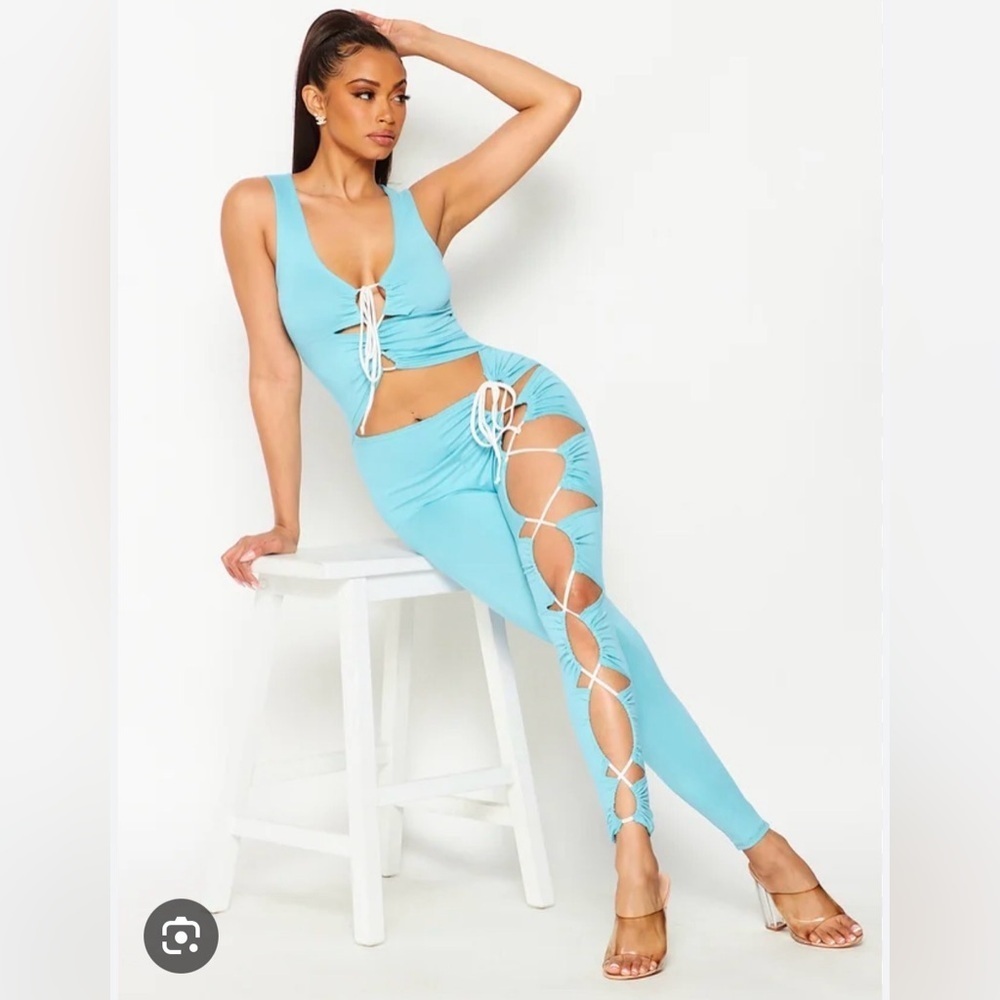 May pink.  Blue Cut-Out Jumpsuit